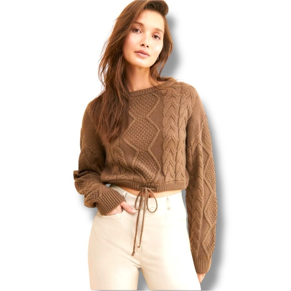 Vigoss Brown Cable Knit Front Tie Long Sleeve Cropped Crew Neck Sweater